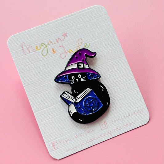 Cat Reading a Book Halloween Pin Badge
